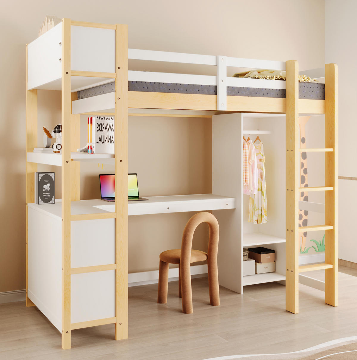 VISOKI krevet od borovine, 90/200 cm, prirodni, s radnim stolom i ormarom - prirodne boje, drvo (90/200cm) - Modenvie
