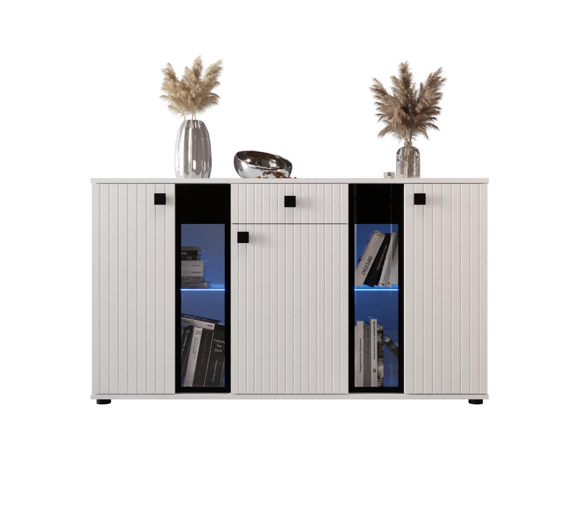 KOMMODE London LSMK LAMELE mit 3 Türen, Sideboard in Farbe: Weiß, Größe: 140 x 80 x 40 cm - Weiß, Holzwerkstoff (140/80/40cm) - O-Sofa