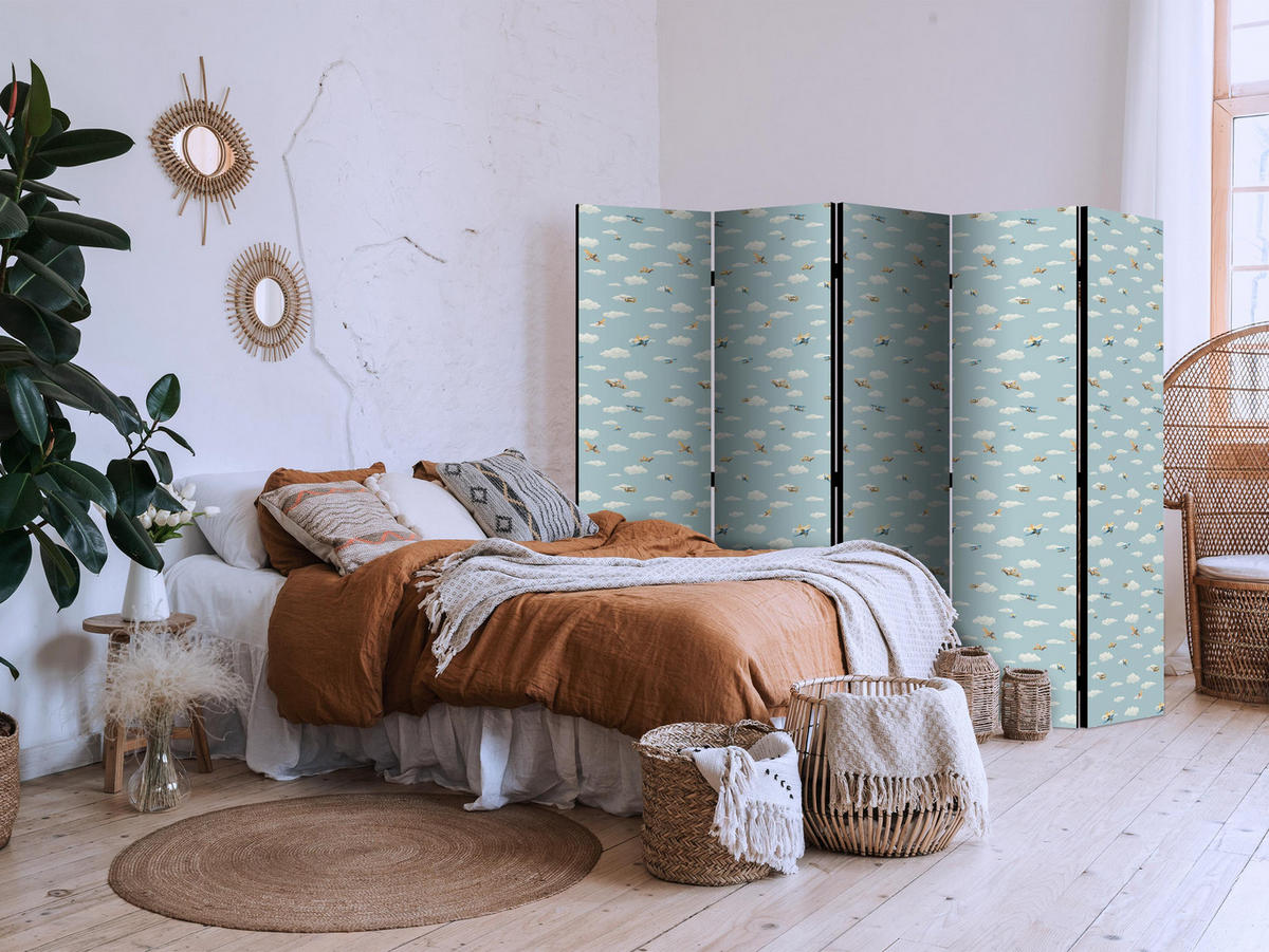 PARAVENT Akustik 5-tlg 225x172 cm Flugzeuge Wolken - Blau, Holz/Textil (225/172/3cm) - Muralo