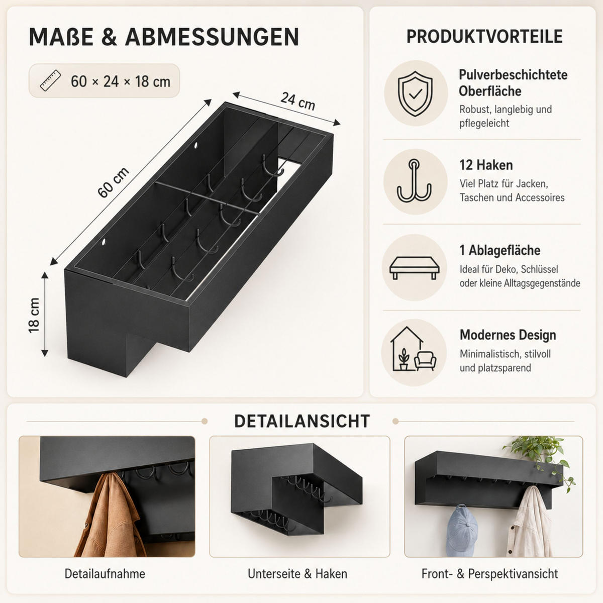 WANDGARDEROBE mit Ablage 60 cm Metall 96741 Garderobenleiste Hängegarderobe - Schwarz, Metall (60/18/24cm) - DanDiBo