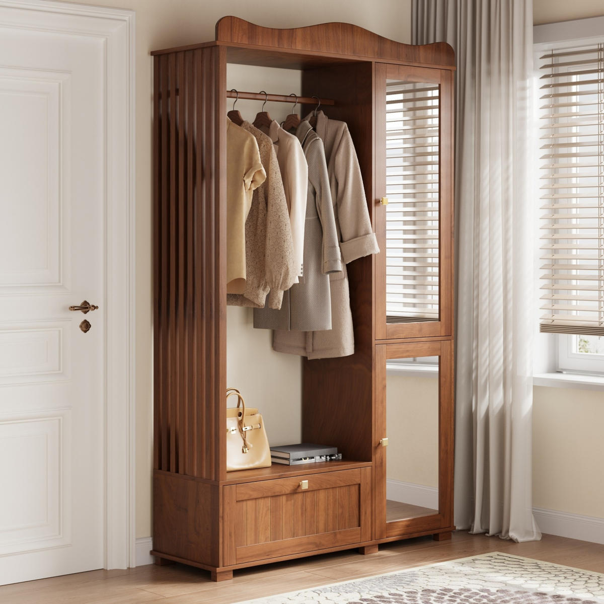 GARDEROBENSCHRANK 115,5/38,5/194,5 cm mit Spiegel, offener Kleiderstange und Schublade aus MDF, Nussbaum - Walnussfarben, Holzwerkstoff (115.5/194.5/38.5cm) - Redom