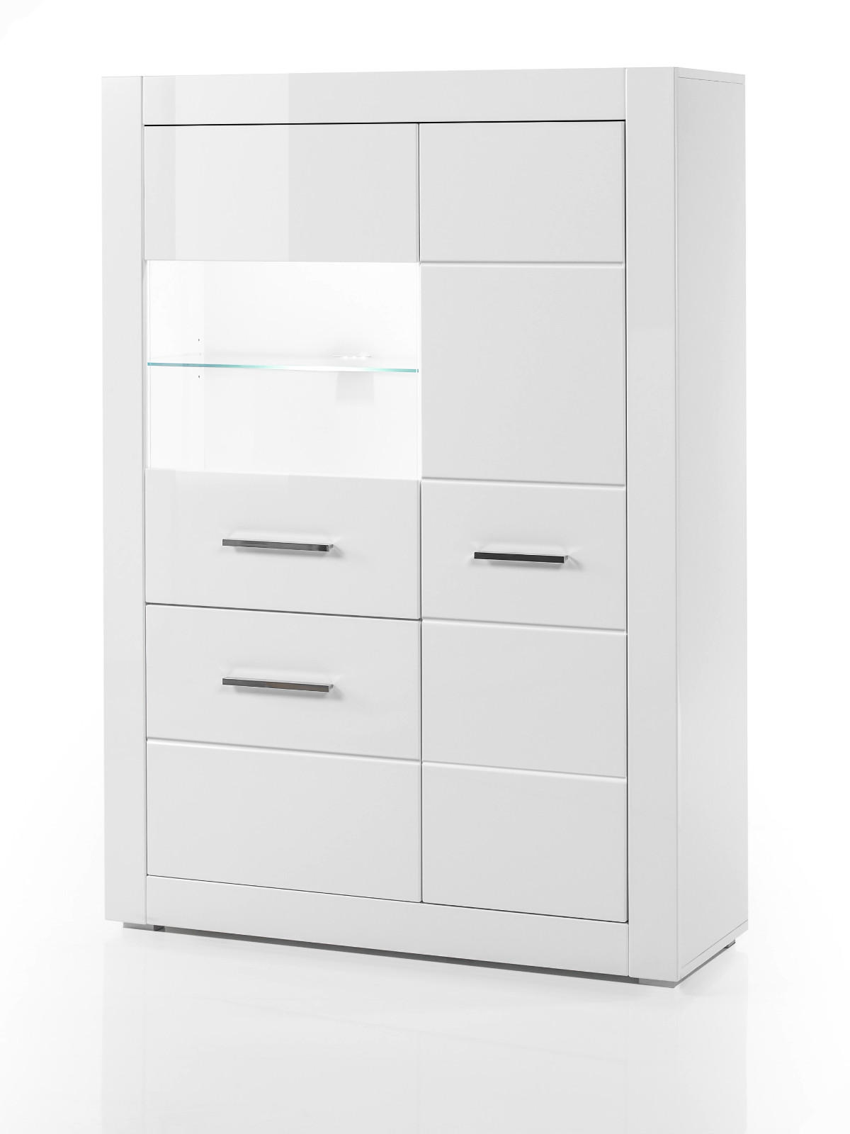 VITRINE weiß Hochglanz 100 cm, Highboard mit Metallgriffen - Weiß Hochglanz/Silberfarben, Glas/Holzwerkstoff (100/142/35cm) - Furn.Design