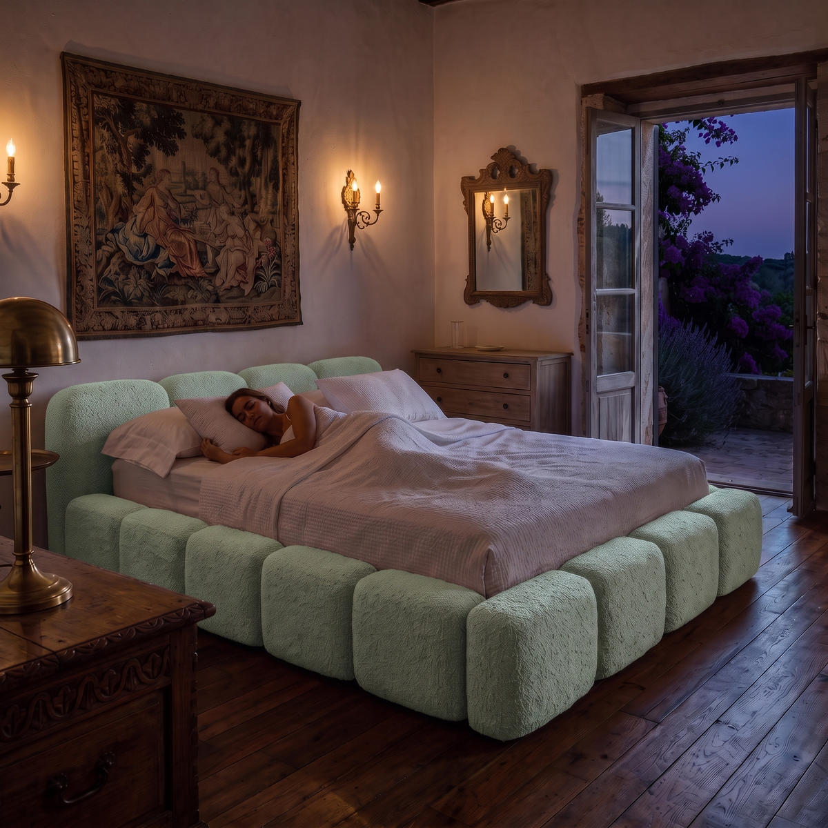 POLSTERBETT SUENO 180x200 cm in Mintgrün, gepolstertes Kopfteil, Metalllattenrost, Bettkasten, Bouclé-Stoff - Naturfarben/Mintgrün, Holz/Textil (180/200cm) - Muffo