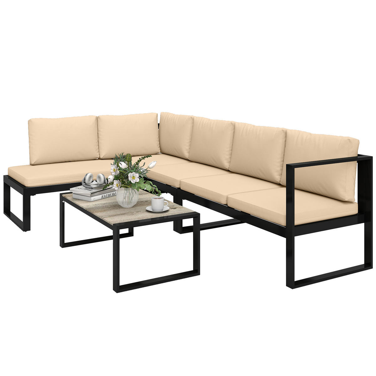 GARTENMÖBEL-SET DE-06584 4-tlg. mit 2 Zweisitzern & Couchtisch Khaki - Taupe, Textil/Metall - ComfortXL