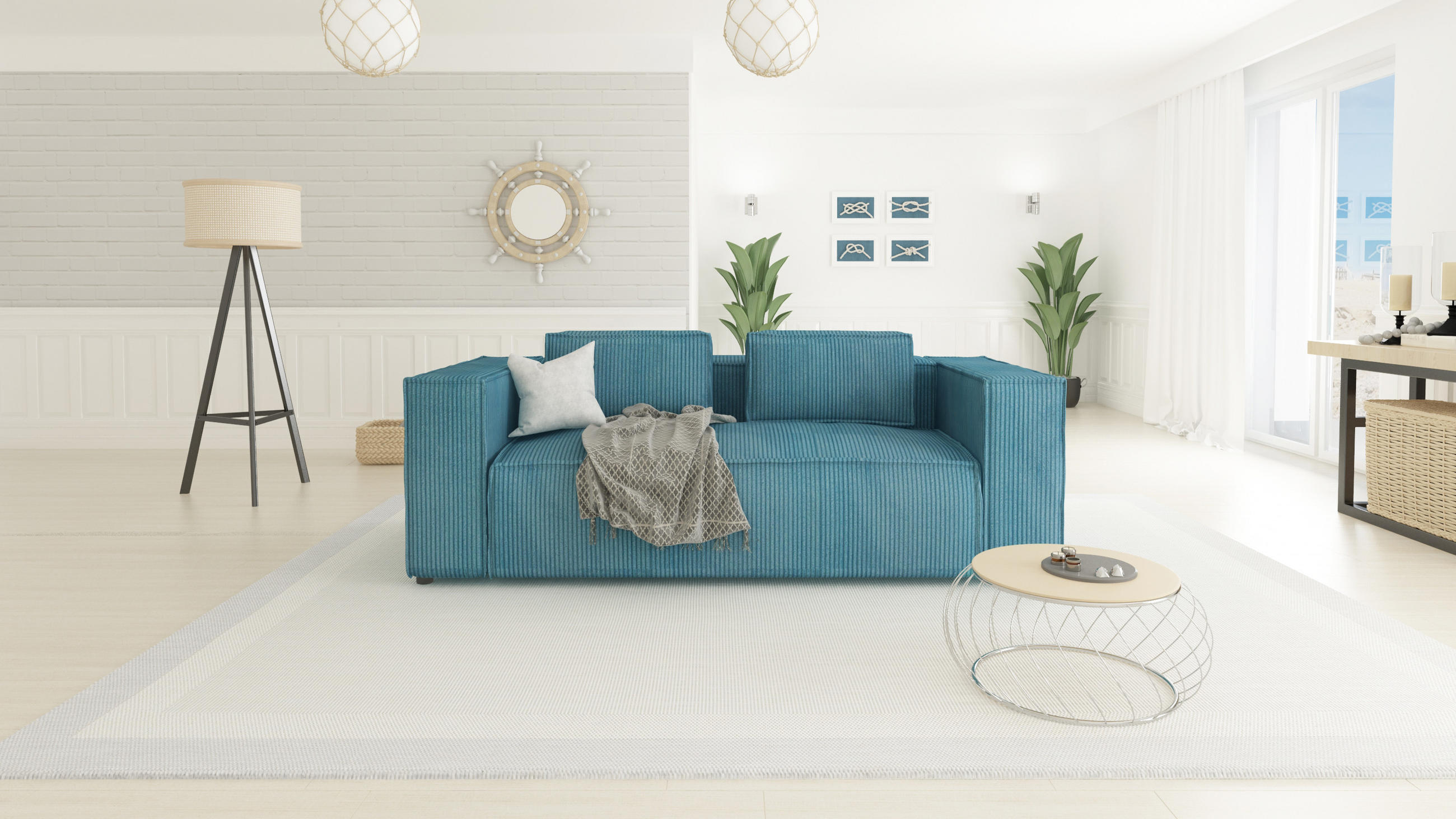 Thumbnail - S-Style Möbel 2-Sitzer-Sofa, Türkis, Textil, Echtholz,Buche, Birke, Füllung: Polyetherschaumkern, 196x64x92 cm, Blauer E...