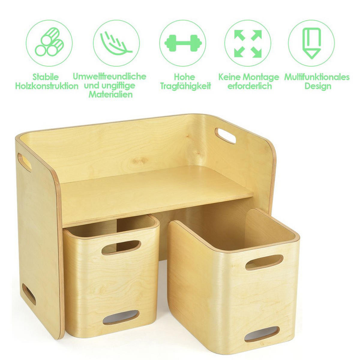 KINDERTISCH‑SET aus Birkenholz natur(3-tlg) - Naturfarben, Holz (66/51/41cm) - COSTWAY