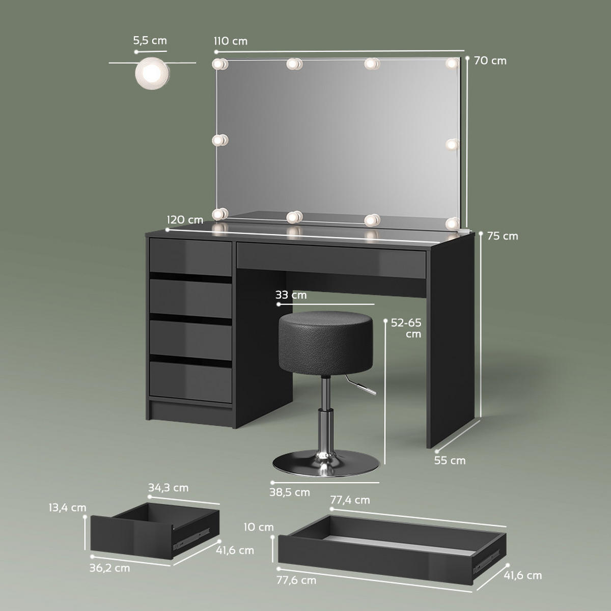 SCHMINKTISCH Imola Anthrazit mit LED Beleuchtung und Hocker - Anthrazit, Holzwerkstoff (120/75/55cm) - Livinity®