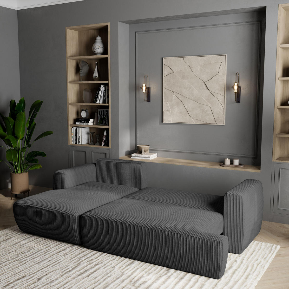 ECKSOFA SENTI P L-S Graphitfarben Kordstoff mit Schlaffunktion - Graphitfarben, Holz (246/148cm) - MASSENO