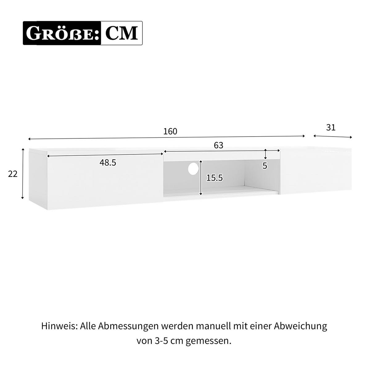 TV-ELEMENT hängend 160 x 31 x 22 cm Hochglanz Weiß mit LED - Weiß, Holzwerkstoff (31/22/160cm) - Beauniv