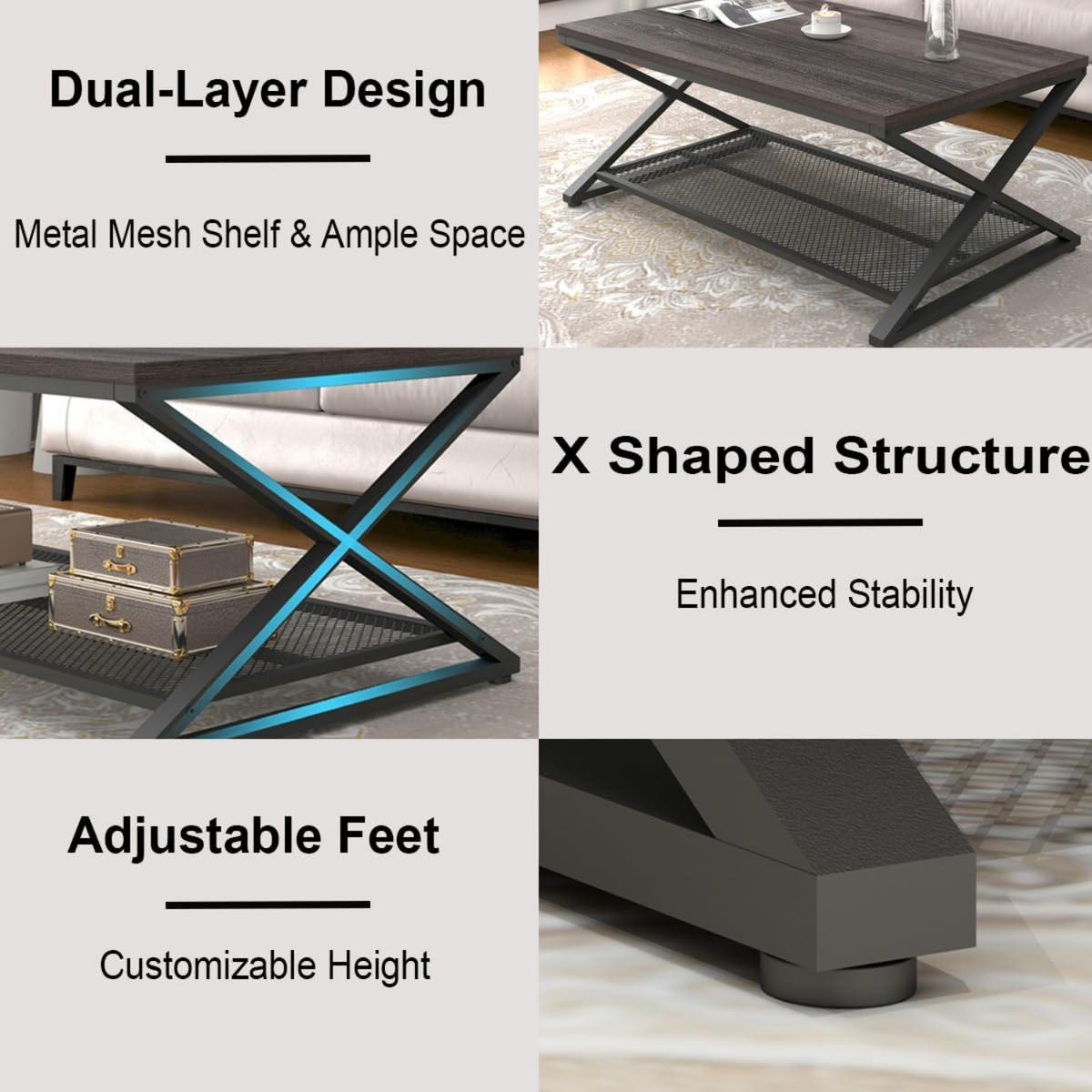 COUCHTISCH Holz Metall Industrial mit Ablage 120 x 60 x 45 cm - Dunkelgrau, Holzwerkstoff/Metall (60/120/45cm) - Quality Elegance