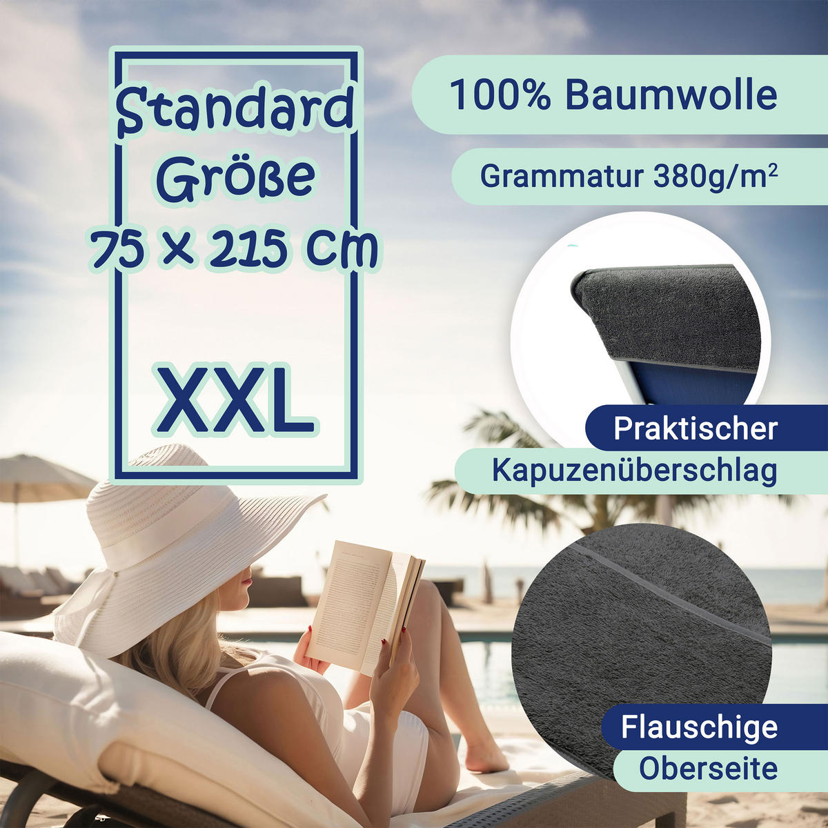 STRANDTUCH, 75x215 cm, 100% Baumwolle, Schwarz - Schwarz, Textil (75/215cm) - Zollner