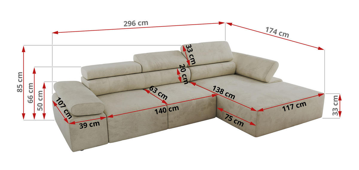 ECKSOFA RILASSO L Beige Velvet - links - Beige/Schwarz, Kunststoff/Textil (296/174cm) - MKS