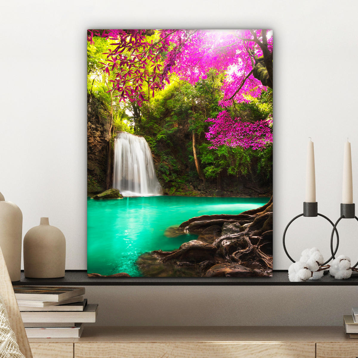 LEINWANDBILD Wasserfall mit bunten Blumen und Bäumen - Natur - Dschungel Room Decor 30x40 cm - Waldgrün, Textil (30/40cm) - MuchoWow