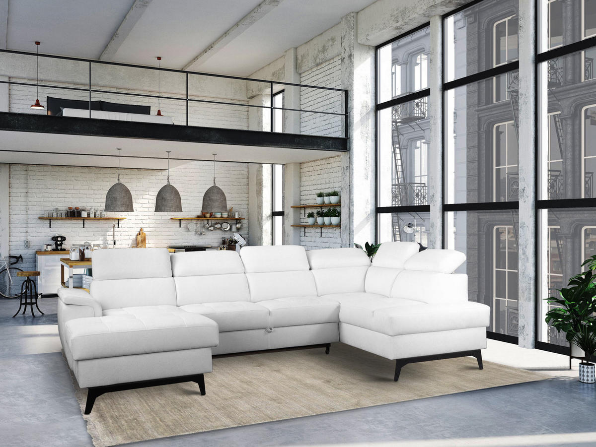 WOHNLANDSCHAFT VOLA Weiß Velours-Stoff mit Schlaffunktion - Weiß, Holz (348/105/199cm) - MASSENO