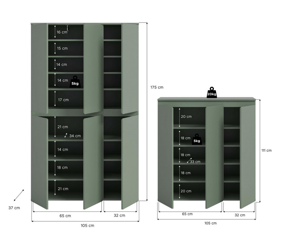 UNIVERSALSCHRANK SCARPA (B/H/T: ca. 235/175/37 cm) in Smoke Green/Smoke Green - Dunkelgrün, Holzwerkstoff (235/175/37cm)