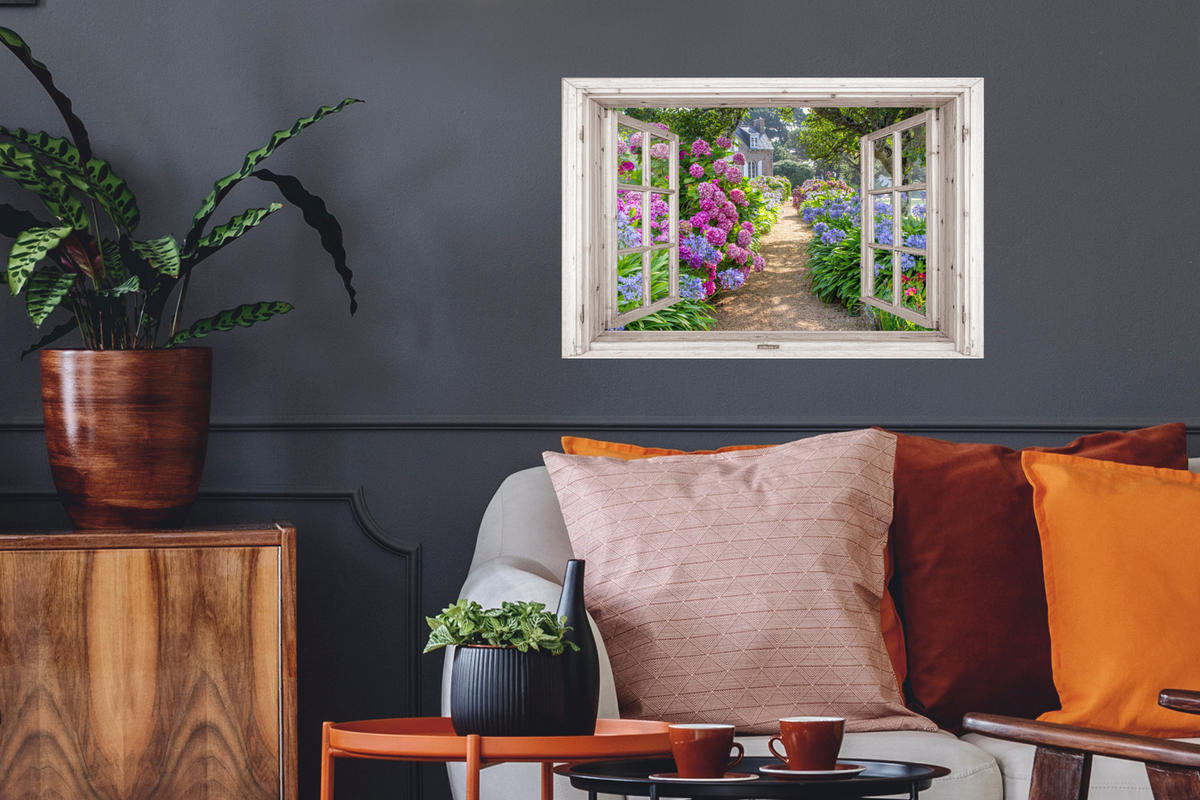WANDTATTOO Hortensie - Fensterblick - Blumen - Sommer - Lila - Weg 60x40 cm - Lila, Kunststoff (60/40/0.1cm) - MuchoWow