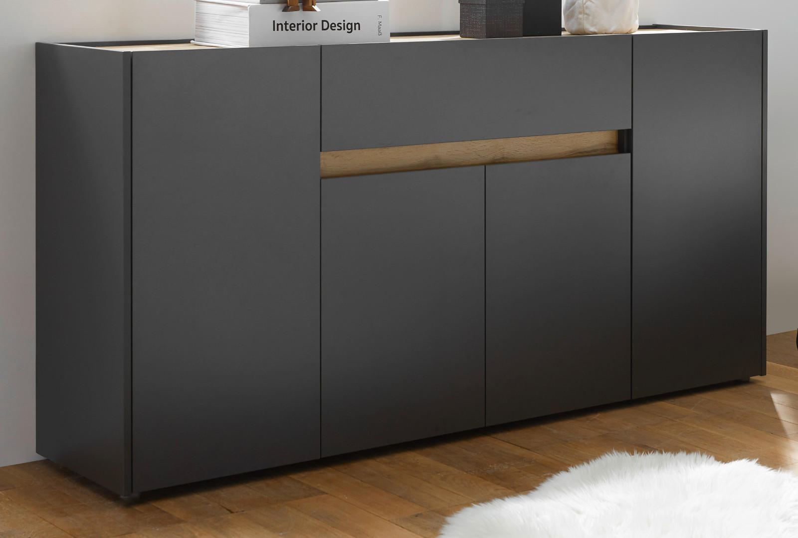 SIDEBOARD grau matt, Eiche Wotan 170 cm, Kommode 4-türig - Eiche Wotan/Schwarz, Holzwerkstoff/Kunststoff (170/87/40cm) - Furn.Design