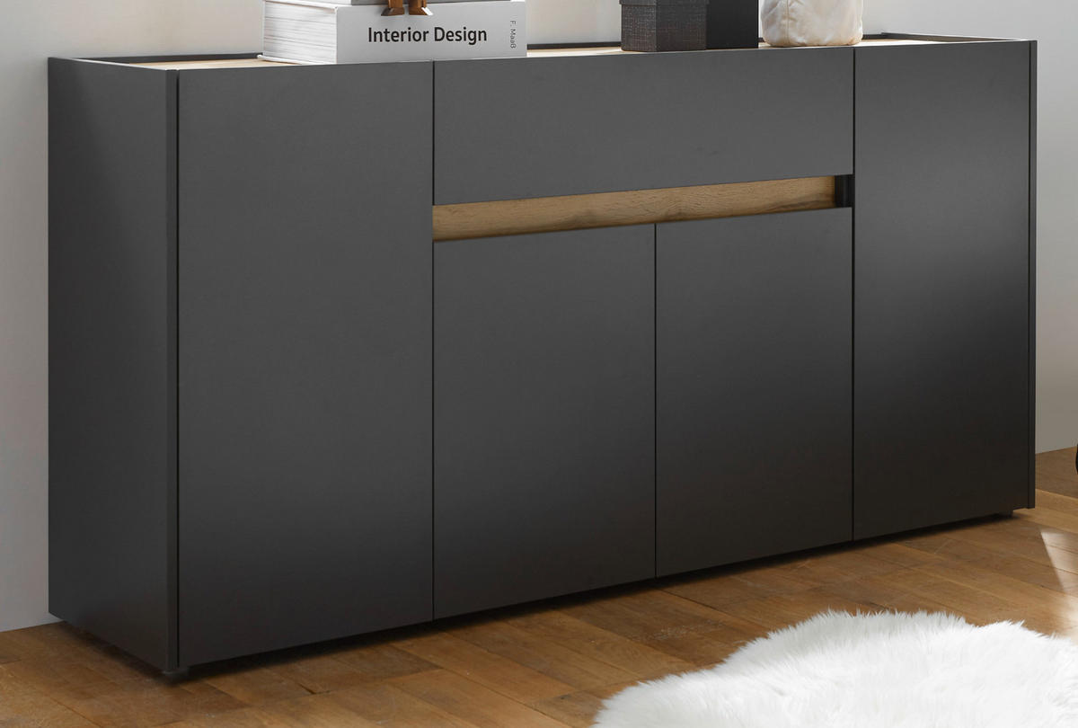 SIDEBOARD grau matt, Eiche Wotan 170 cm, Kommode 4-türig - Eiche Wotan/Schwarz, Holzwerkstoff/Kunststoff (170/87/40cm) - Furn.Design