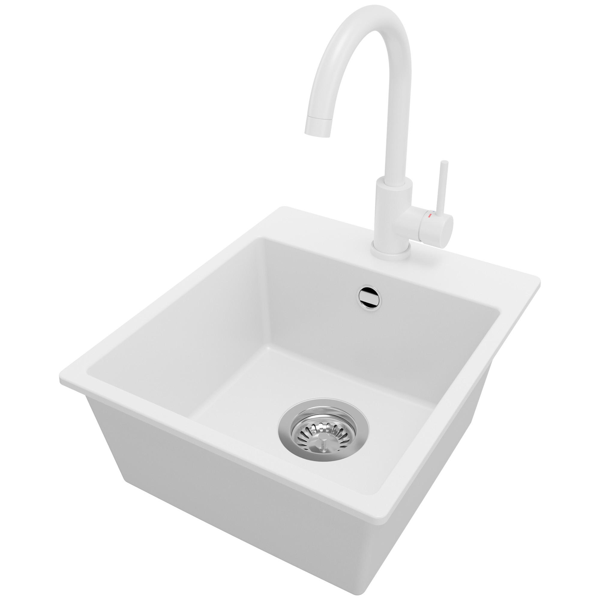 GRANITSPÜLE Riga Easy, 2-er set Weiß 38/44 cm 1 Becken + Küchenarmatur 32/20 cm + Ablauf-Set ab 40er Unterschrank - Chromfarben/Weiß, Kunststoff (38/19/44cm) - Primagran