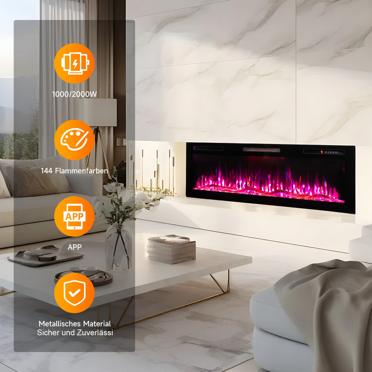 ELEKTROKAMIN mit Schrank, 1000W / 2000W Heizleistung, App-Steuerung - Schwarz, Metall (127/46/11.3cm) - HOMAVO