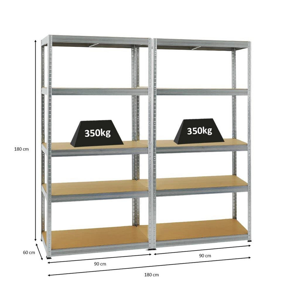 SCHWERLASTREGAL Slim Elephant M 2er-Set mit 2x 180x90x60 cm 5 Ebenen Fachlast 350 kg Verzinkt - Silberfarben, Metall (180/180/60cm) - PROREGAL