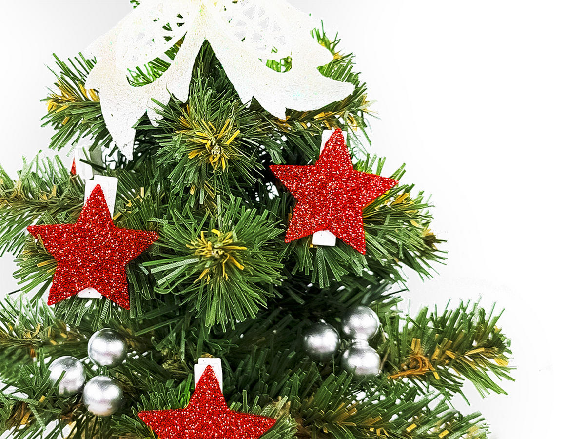 WEIHNACHTSBAUM künstlicher 25 cm, TINY 5, mit 23-teiligem Weihnachtsbaumschmuck, inkl. Metallständer und Aufbewahrungsbox - Rot/Silberfarben, Kunststoff/Stein (18/25cm) - LAALU