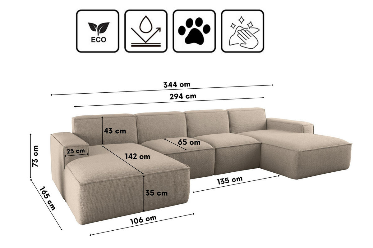 ECKSOFA U-Form Siena mit Stoff Artico Beige - Beige, Holz (344/165cm) - Kaiser Möbel