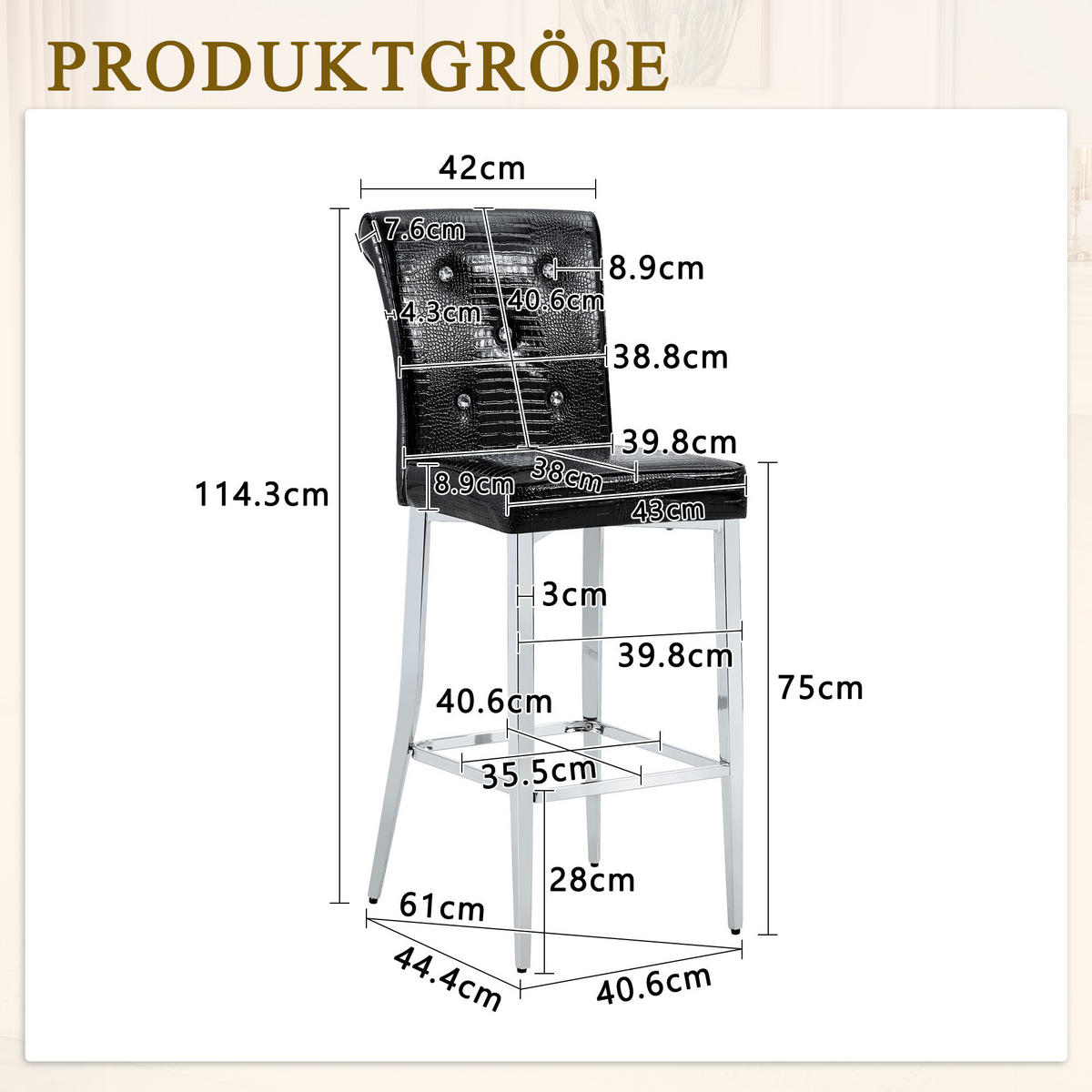 BARHOCKER DE-36799 2er-Set mit Krokodil-Leder-Optik Schwarz - Schwarz, Metall (43.2/114.3/54cm) - ComfortXL