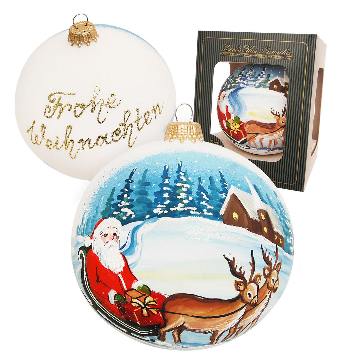 CHRISTBAUMKUGEL Weihnachtsmann auf Schlitten Weiß 10cm (Glas / 1 Stk.) - Weiß, Glas (10/10/10cm) - Krebs Glas Lauscha