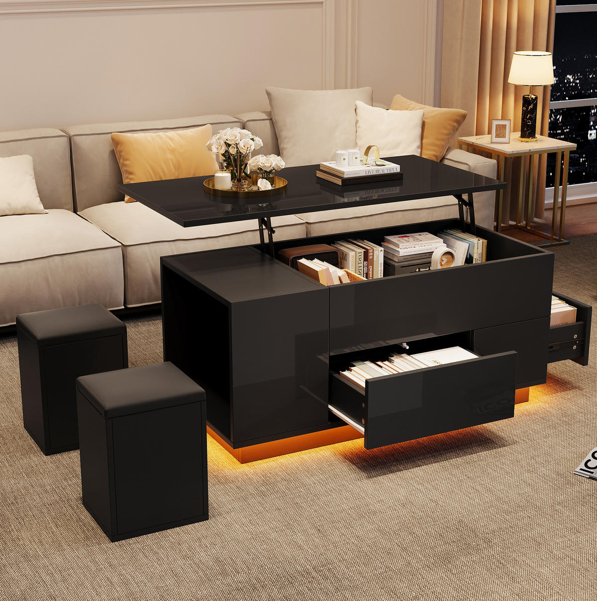 COUCHTISCH 100/50 cm schwarz aus Spanplatte mit höhenverstellbarer Tischplatte, LED und Stauraum - Schwarz, Holzwerkstoff (100/50/40cm) - OKMYHOME