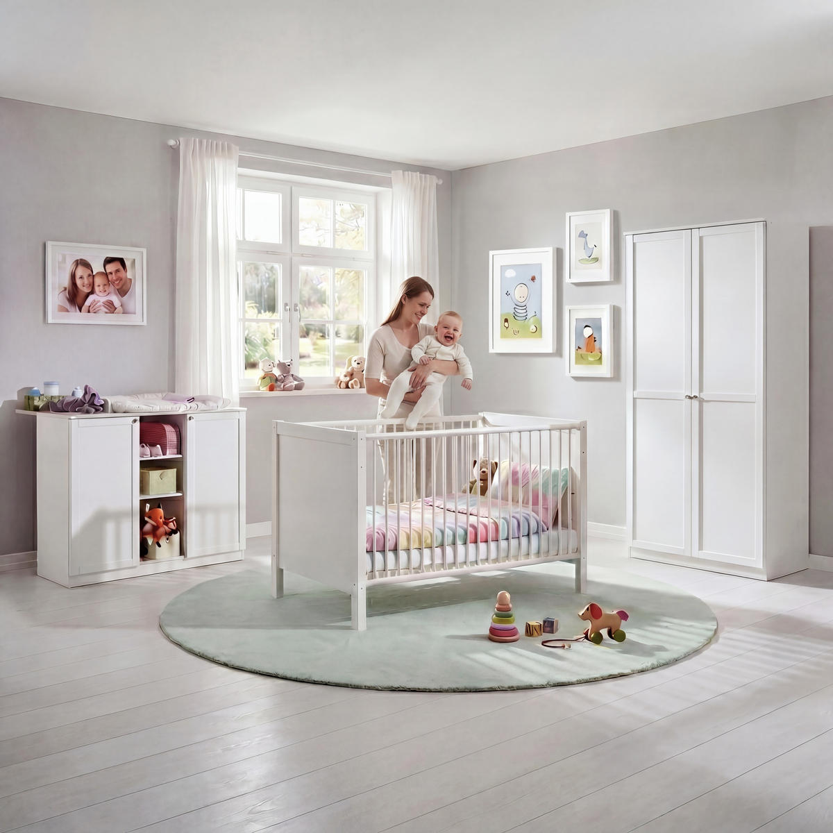 BABYZIMMER-SET 3-tlg.: Babybett & Wickelkommode & Kleiderschrank 2-türig B90/H197/T58 cm, Soft-Close, Landhausstil Weiß / 22801 - Silberfarben/Weiß, Holzwerkstoff/Metall (76/83/146cm) - luma-home