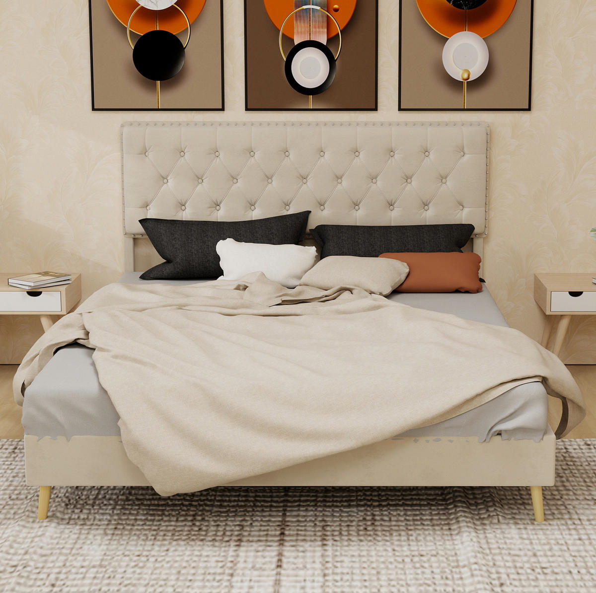 POLSTERBETT 160/200 cm aus Stoff und Metall mit hohem Kopfteil und Stauraum, Beige - Beige, Textil (160/200cm) - Redom