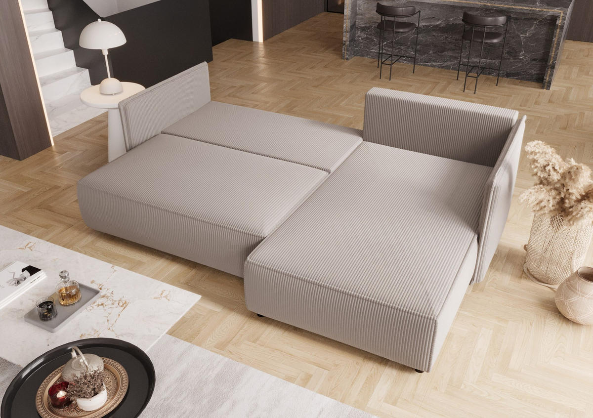 ECKSOFA MILANO rechts weiß Cord Poso 100 - Schlaffunktion, Bettkasten - Weiß, Textil (245/184cm) - Cornero