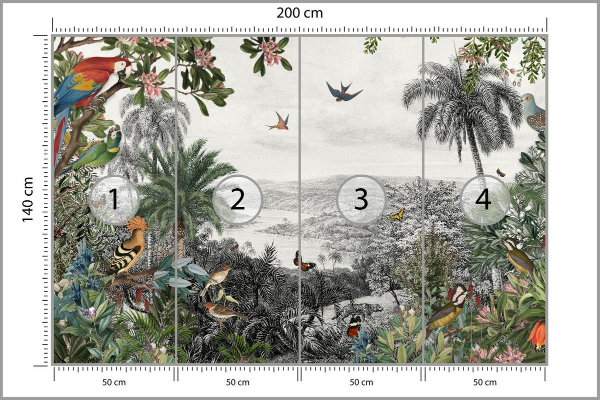 FOTOTAPETE für Wohnzimmer Tropenpapageien Vögel Palmen 200x140 - Gelb/Rot, Papier (200/140cm) - Muralo