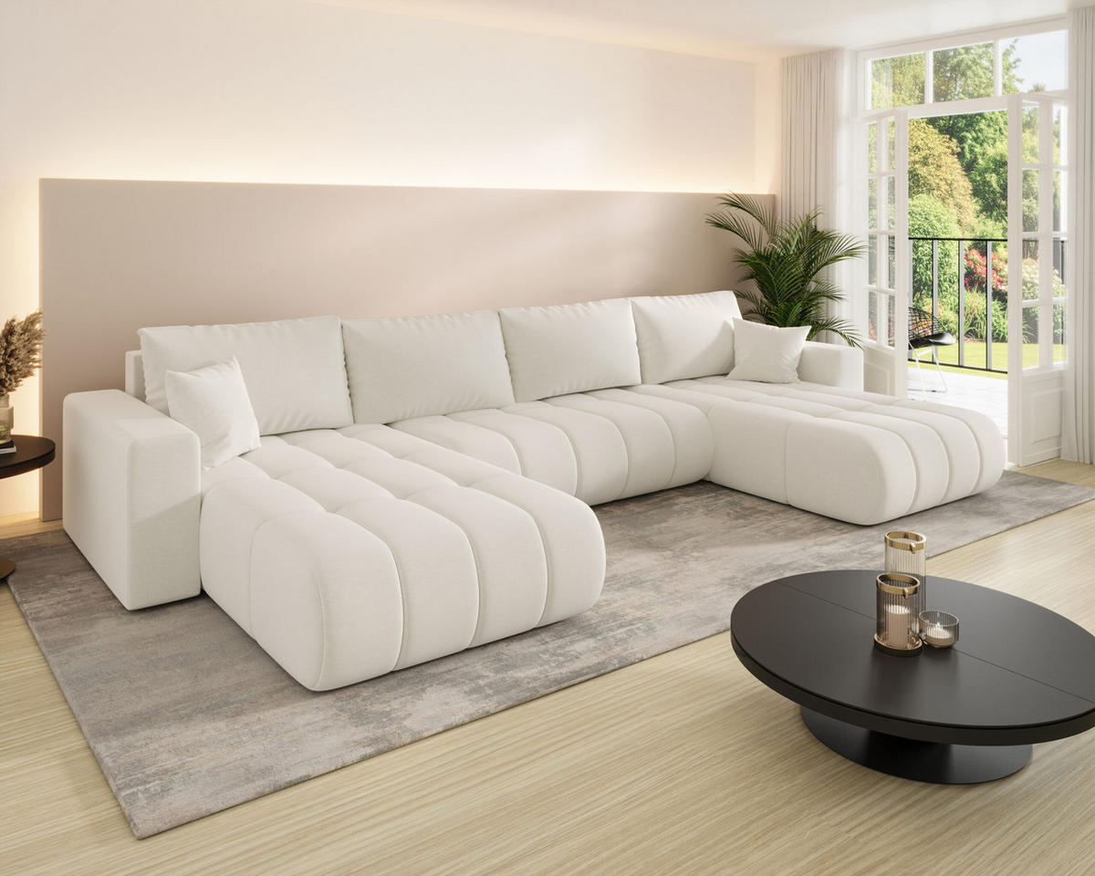 ECKSOFA mit schlaffunktion und bettkasten MILO U PREMIUM, stoff WIND, Ecru - Ecru, Holz (384/190cm) - Kaiser Möbel
