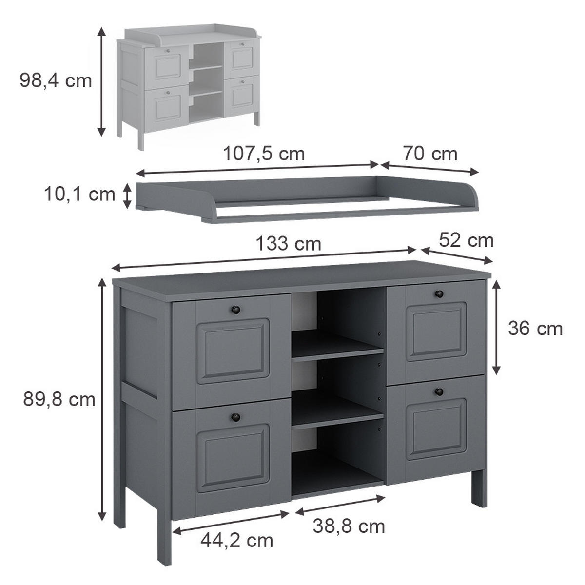 WICKELKOMMODE Ajaton Grau 133 x 98.4 cm mit 4 Schubladen - Grau, Holzwerkstoff (133/98.4/70cm) - VitaliSpa