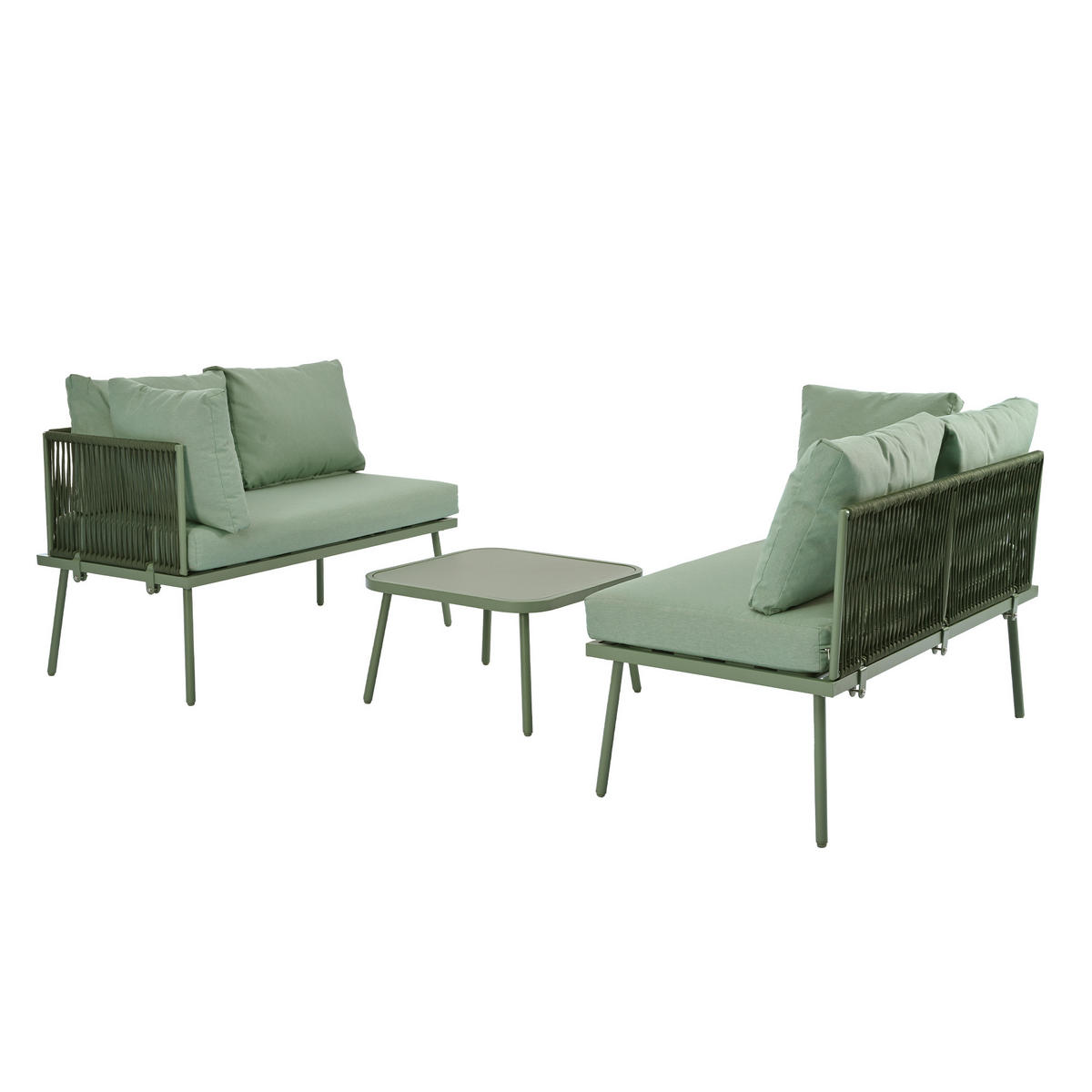 GARTEN-LOUNGE-SET, Eisen & Seilgeflecht mit Glastisch, 2 Sofas + Tisch, 120/60/72 cm, Grün - Grün, Metall - Redom