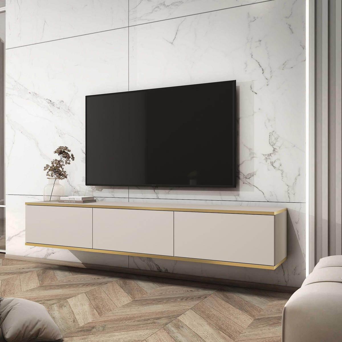 LOWBOARD VENEZIA 175x32x30 cm mit 3 Türen Beige - Beige, Holzwerkstoff (175/30/32cm) - MASSENO