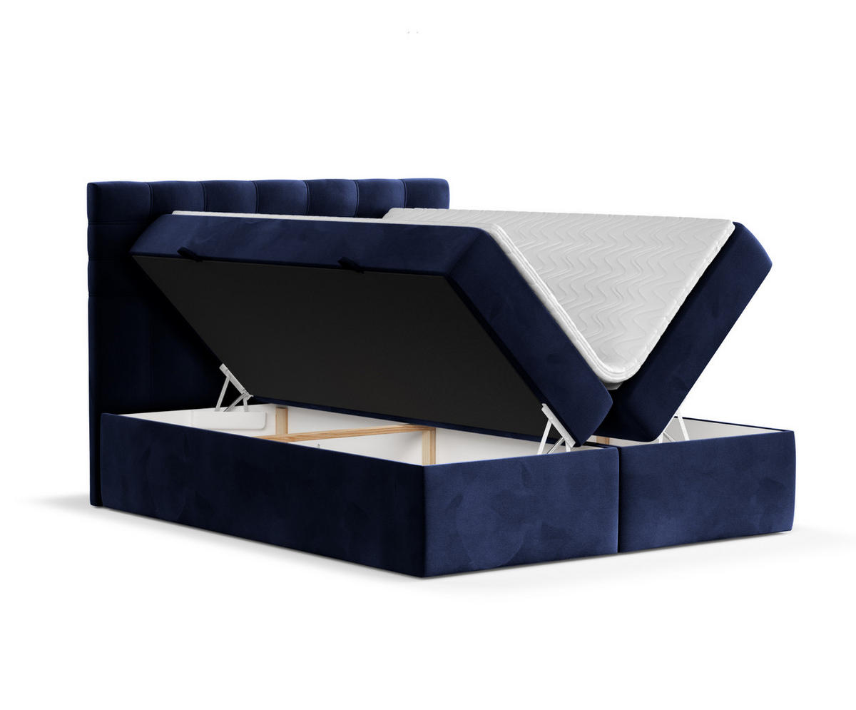 BOXBETT Sansa Marineblau 140/200 cm mit Taschenmatratze und Topper - Schwarz/Dunkelblau, Holz/Holzwerkstoff (140/200cm) - Maison de Reve