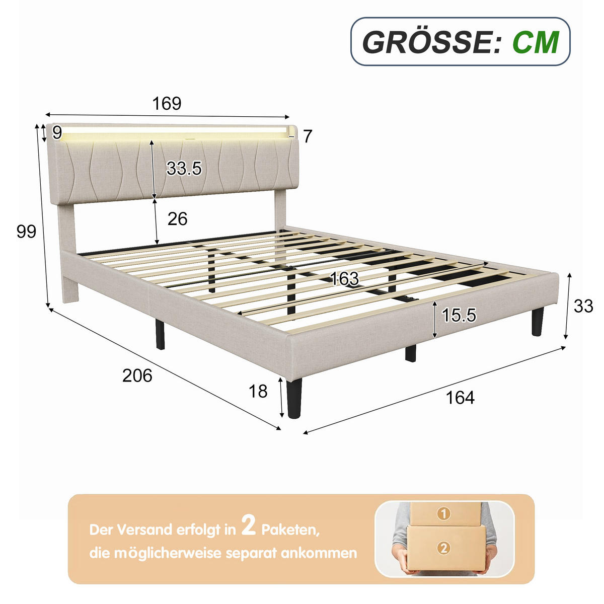 POLSTERBETT 160x200 cm mit LED & USB, Lattenrost, Beige - Beige, Metall (160/200cm)