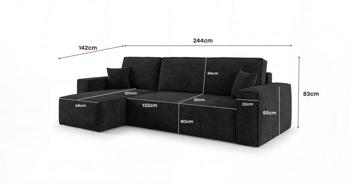 ECKSOFA CALIFORNIA MINI links schwarz Cord Poso 135 - Schlaffunktion, Bettkasten - Schwarz, Textil (245/140cm) - Cornero