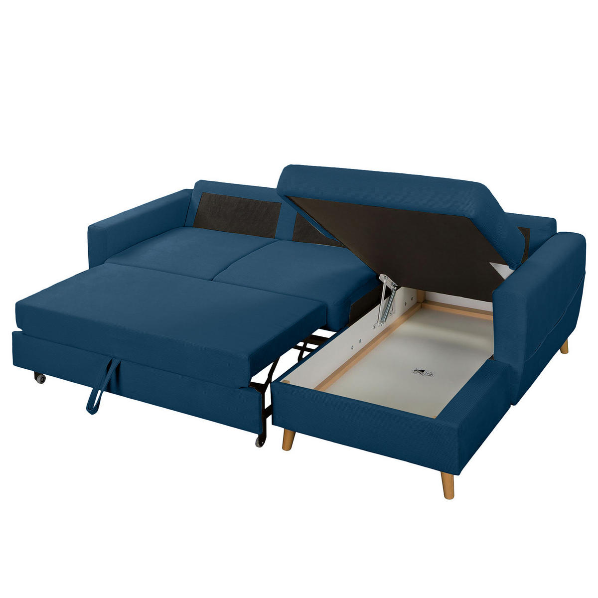 ECKSOFA mit Longchair - Blau/Braun, Holz/Textil (223/148cm) - home24
