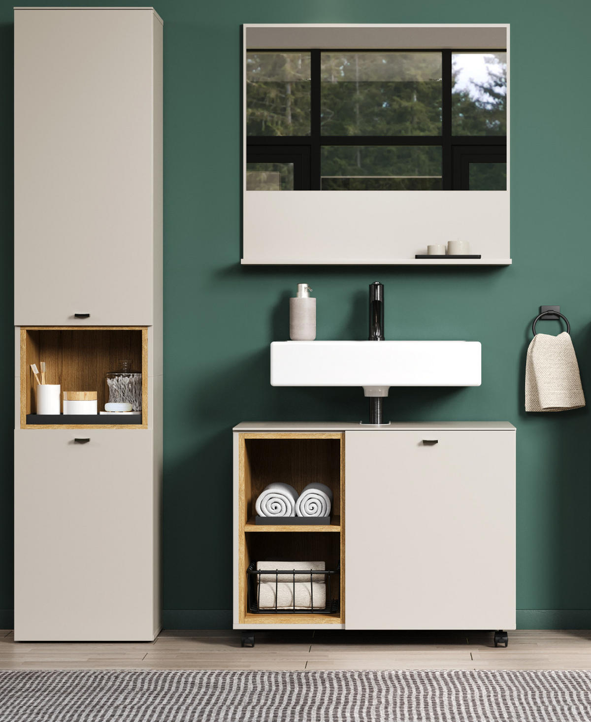 WASCHBECKENUNTERSCHRANK Sand, Evoke Eiche 80 cm, Badschrank auf Rollen, Soft-Close - Sandfarben/Kaschmir, Holzwerkstoff/Metall (80/64/42cm) - Top.Furn