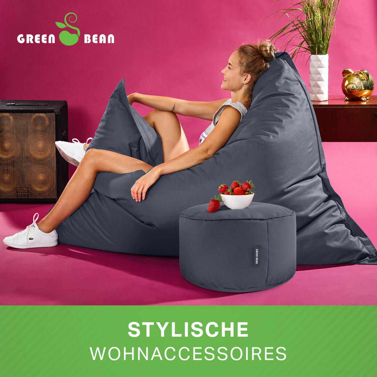 XXL-SITZSACK + Pouf 2er Set - 140x180cm - Dunkelgrau, Textil (140/25/180cm) - Green Bean