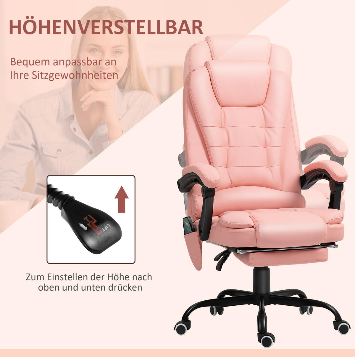 PISARNIŠKI stol 67/67/111-121 cm z 7-točkovno vibracijsko masažo, nastavljivim naslonom in izvlečnim naslonom za noge, Roza - pink, umetna masa (67/121/67cm) - Redom