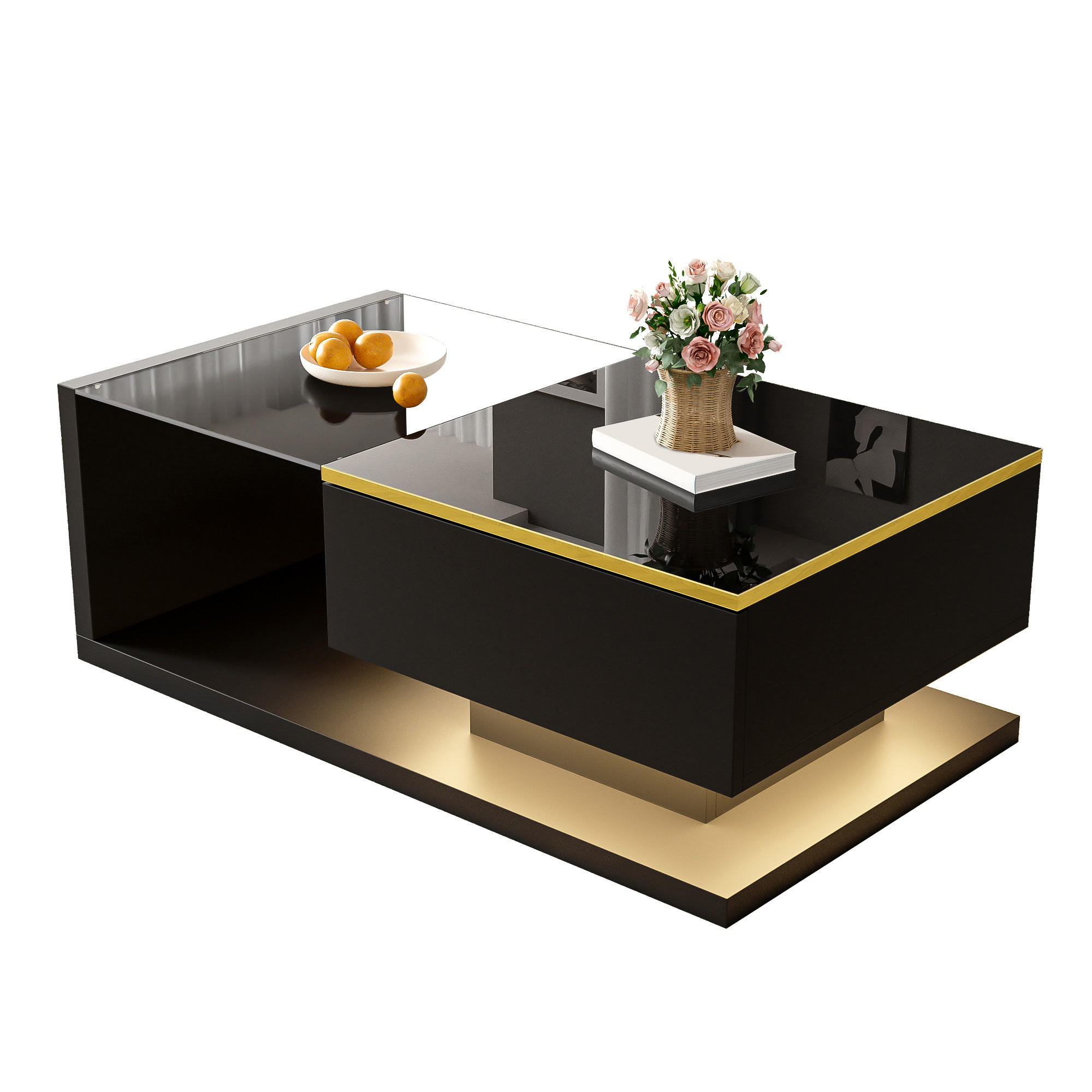 STILVORA KONFERENČNÍ STŮL v černé barvě s LED osvětlením a skleněnou deskou do obýváku, 90×50×32,5 cm