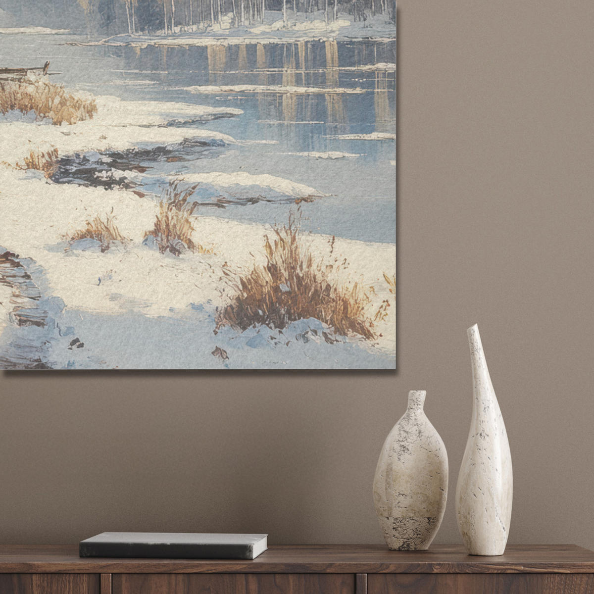 AKUSTIKPANEEL Winter - Schnee - Zuhause - Natur 90x90 cm - Hellbraun, Textil (90/0.9/90cm) - MuchoWow