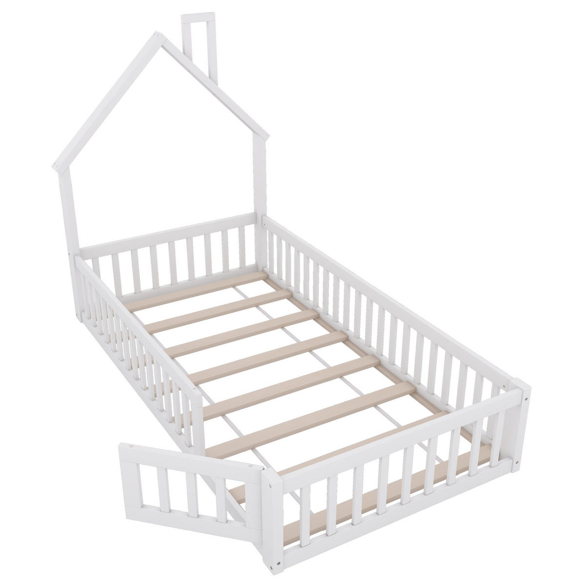HAUSBETT 90/200 cm Weiß aus Kiefernholz und MDF mit Sicherheitsgitter - Weiß, Holz (90/200cm) - OKMYHOME