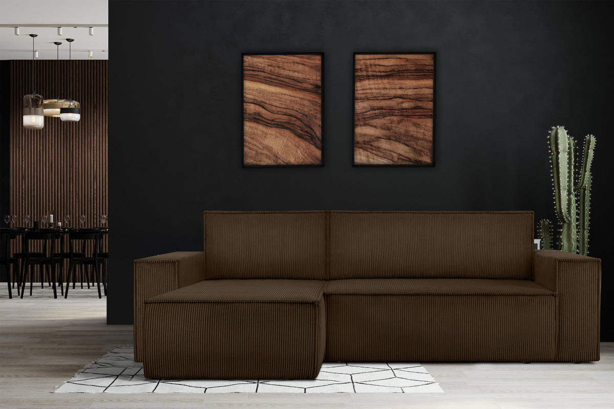 ECKSOFA-LINKS/RECHTS NAPI Schlaffunktion mit Cordbezug, choco - Dunkelbraun/Schwarz, Textil (262/148cm) - KONSIMO®