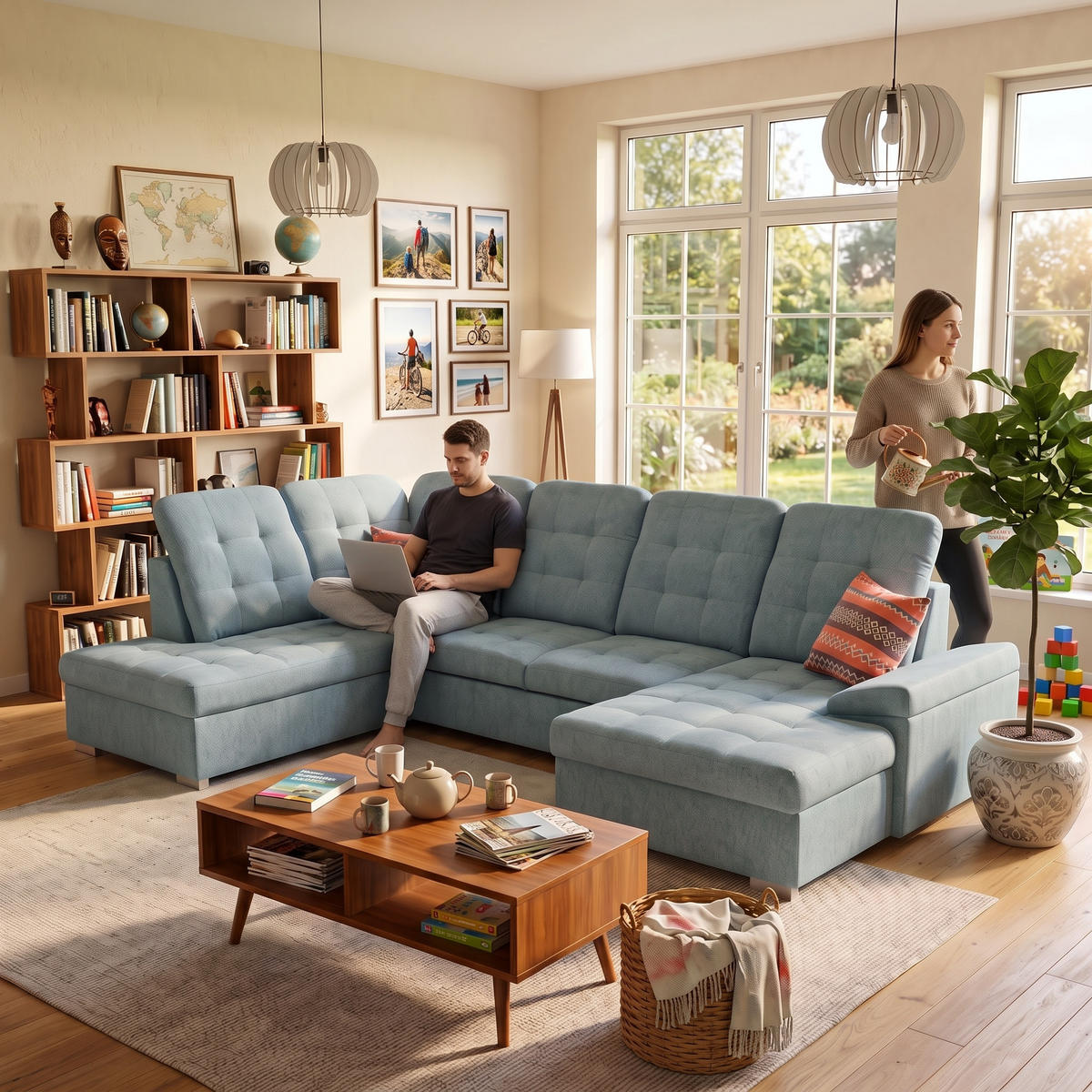 ECKSOFA U-Form OLIVIA U Links mit Schlaffunktion 124x257 Velours Blaugrau - Silberfarben/Blaugrau, Holz/Kunststoff (320/103/202cm) - Muffo